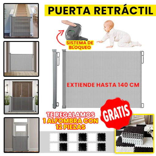 PUERTA DE SEGURIDAD RETRÁCTIL + 1 ALFOMBRA ROMPECAZAS (BLANCA CON NEGRO) 🤩😱