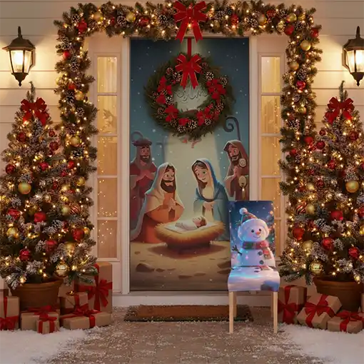 COMBO 6 FUNDAS NAVIDEÑAS PARA SILLAS MÁS FUNDA PARA PUERTA