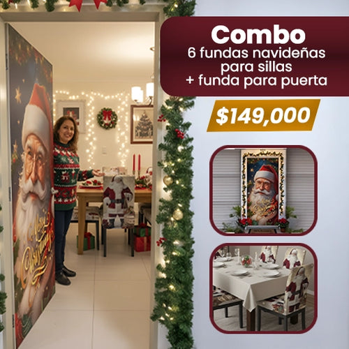 COMBO 6 FUNDAS NAVIDEÑAS PARA SILLAS MÁS FUNDA PARA PUERTA