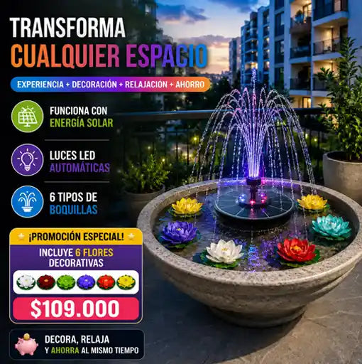 Fuente Solar con Luces + 6 Flores Gratis 🌷☀️💧